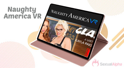 Tablet displaying Naughty America VR website with adult content featuring Kayla Paige