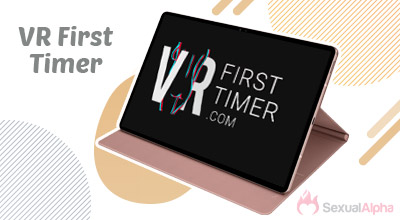 Tablet displaying VR First Timer logo on the screen with decorative background.