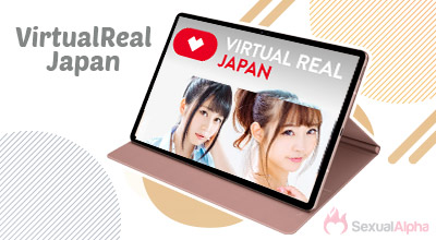 Tablet displaying Virtual Real Japan website with two women featured on the screen.