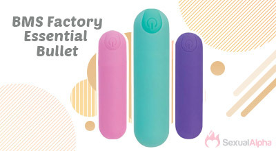 Three BMS Factory Essential Bullet vibrators in pink, teal, and purple colors with the Sexual Alpha logo.