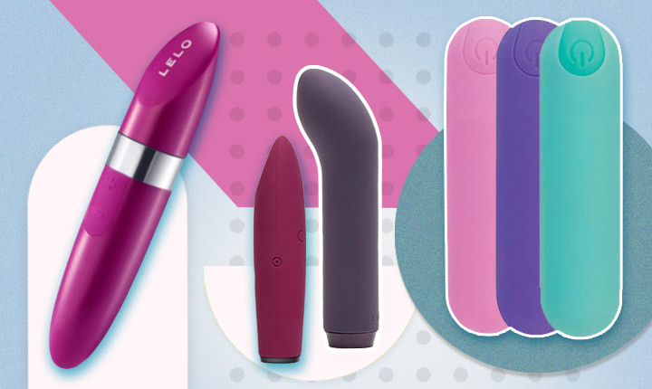 Various colorful personal massagers displayed on a geometric background.