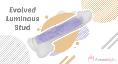 A purple luminous stud sex toy with the text 