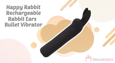 Happy Rabbit Rechargeable Rabbit Ears Bullet Vibrator, black, displayed on a patterned background with the Sexual Alpha logo in the corner