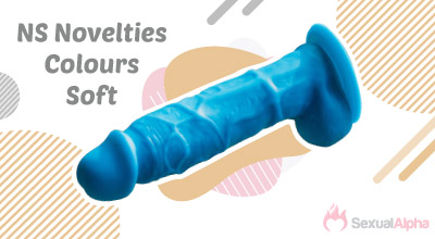 Blue NS Novelties Colours Soft dildo on a patterned background](Blue NS Novelties Colours Soft dildo on a patterned background