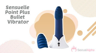 Blue Sensuelle Point Plus Bullet Vibrator with additional attachment, displayed on a white background with abstract shapes.