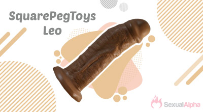 SquarePegToys Leo dildo with a brown color and realistic design on a decorative background.