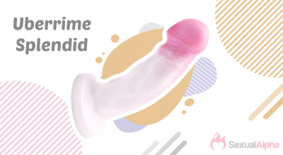 Uberrime Splendid pink and white silicone dildo with SexualAlpha logo.