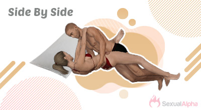 Illustration of a couple in the side-by-side sexual position, with both partners lying on their sides facing each other, the man behind the woman, titled 'Side By Side' with a SexualAlpha watermark in the corner.