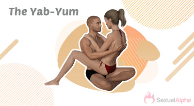 Illustration of two people demonstrating the Yab-Yum position, with one person sitting cross-legged and the other sitting on their lap, facing them.