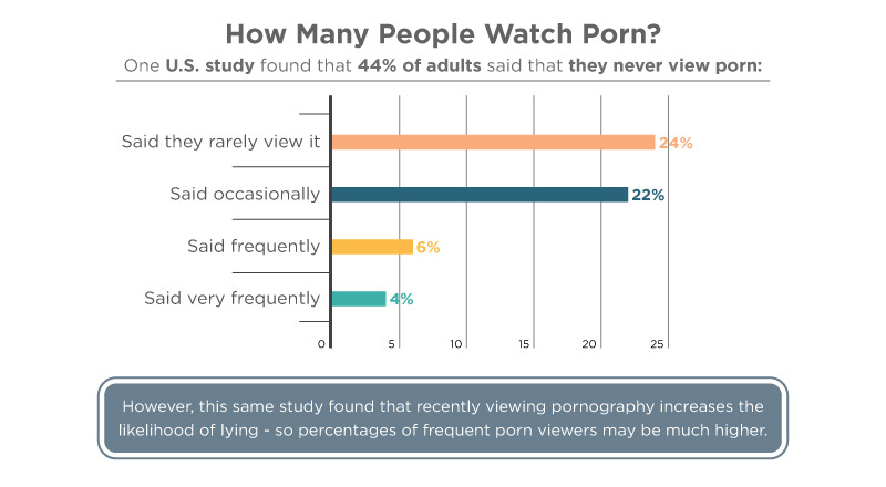 Bar chart showing the frequency of porn viewing among adults. 24% said they rarely view it, 22% said occasionally, 6% said frequently, and 4% said very frequently. The study notes that 44% of adults claim they never view porn, but also suggests that frequent viewers may lie about their habits.