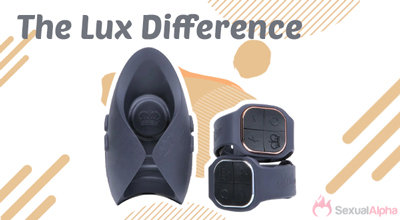 Black Lux device with two black wristbands against a background with abstract designs and the text 'The Lux Difference'.