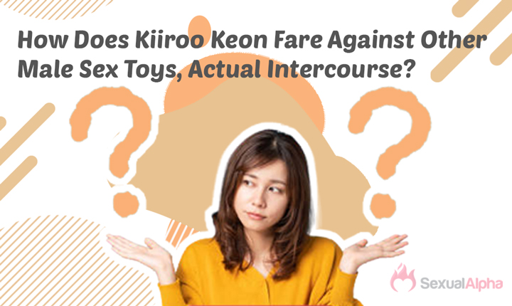 Woman in a yellow sweater shrugging with question marks and the text 'How Does Kiiroo Keon Fare Against Other Male Sex Toys, Actual Intercourse?'