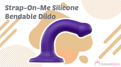 Purple strap-on silicone bendable dildo with abstract background