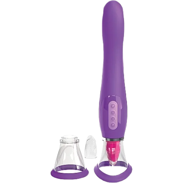 Purple suction device with attachments including a silicone brush and two suction cups