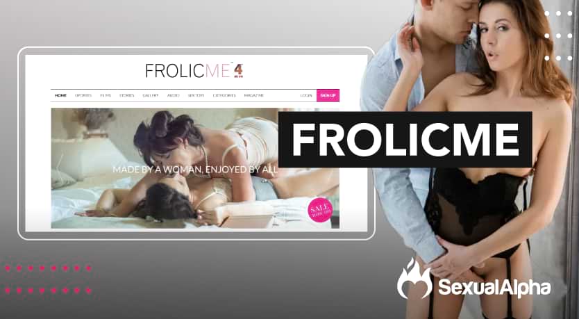 Screenshot of FrolicMe website with a couple embracing, featuring the SexualAlpha logo.