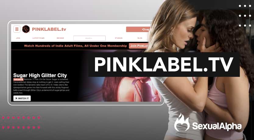 PinkLabel.tv website showing indie adult films with two women embracing on the right side of the image